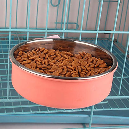 Love Dream Crate Dog Cat Bowls, Removable Stainless Steel Hanging Pet Cage Bowls for Kennel, Water Food Feeder Cage Coop Cup for Cats, Dogs, Rabbits and Small Animals (Small, Pink)