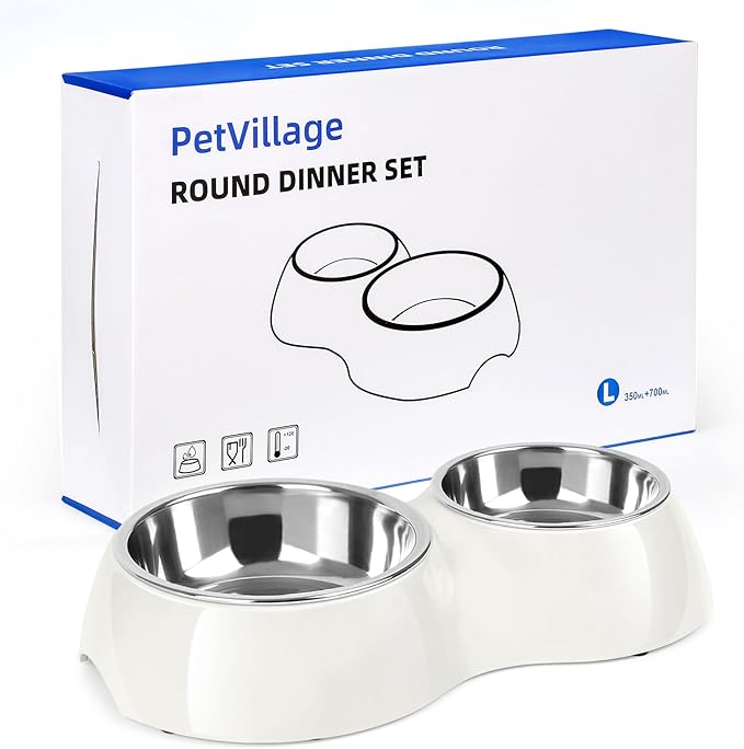 Elevated Dog Bowls Set - Non-Slip Raised Pet Feeder with Medium (10 oz) & Large (20 oz) Stainless Steel Bowls - Includes Durable Resin Stand for Corgi Puppies and Adult Cats - White