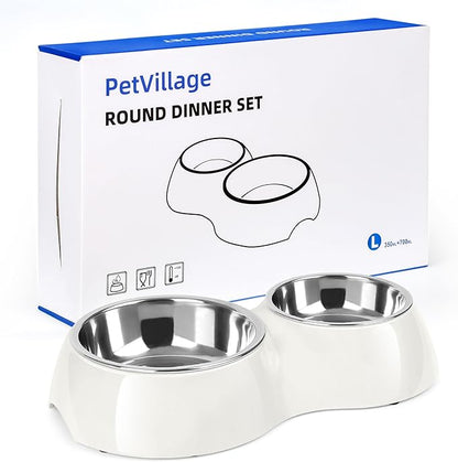 Elevated Dog Bowls Set - Non-Slip Raised Pet Feeder with Medium (10 oz) & Large (20 oz) Stainless Steel Bowls - Includes Durable Resin Stand for Corgi Puppies and Adult Cats - White