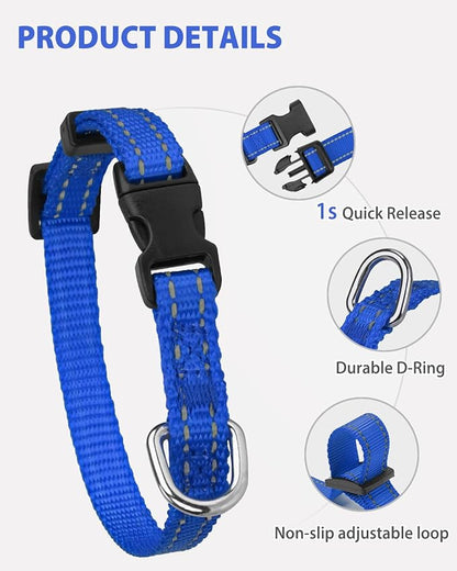 Joytale Puppy Collar, Feather-Light Double-Sided Reflective Nylon Collar for Night Safety, Adjustable Quick-Release for Extra Small Dogs, Navy Blue, XS (3/8" Width)