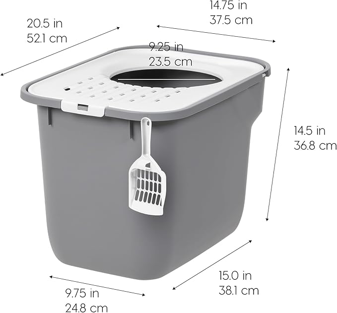 IRIS USA Large Cat Litter Box Top Entry with Lid, Enclosed Litter Box with Litter Catching Lid & Scoop, Covered Cat Litter Box Enclosure for Privacy, High Sided, Gray/White