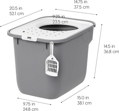 IRIS USA Large Cat Litter Box Top Entry with Lid, Enclosed Litter Box with Litter Catching Lid & Scoop, Covered Cat Litter Box Enclosure for Privacy, High Sided, Gray/White