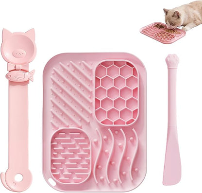 AZY 3-Piece Slow Feeder Cat Bowl and Lick Mat Set – Silicone Cat Treat Spoon & Feeding Mat for Wet Food, Enrichment and Slow Eating (Pink)