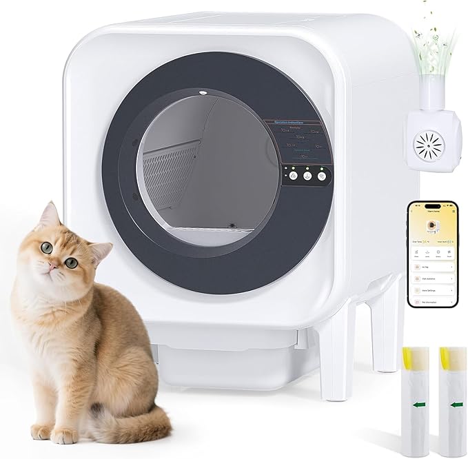 Automatic Cat Litter Box, Self Cleaning Litter Box with App Control, 75l Large Cat Litter Box for Multi-Cat Homes, Infrared & Weight Sensors, Odor Eliminator, Easy Cleaning, 20 Trash Bags, Black