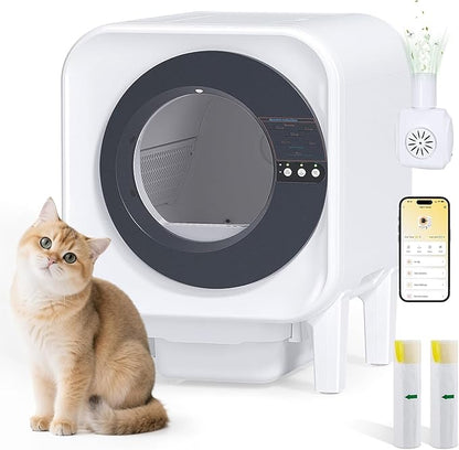 Automatic Cat Litter Box, Self Cleaning Litter Box with App Control, 75l Large Cat Litter Box for Multi-Cat Homes, Infrared & Weight Sensors, Odor Eliminator, Easy Cleaning, 20 Trash Bags, Black