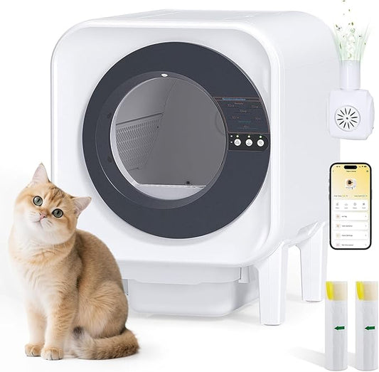 Automatic Cat Litter Box, Self Cleaning Litter Box with App Control, 75l Large Cat Litter Box for Multi-Cat Homes, Infrared & Weight Sensors, Odor Eliminator, Easy Cleaning, 20 Trash Bags, Black