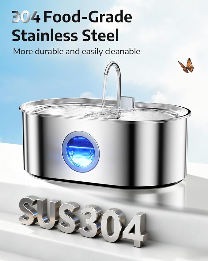 4.2Gal Dog Water Fountain for Large Dogs, 16L Stainless Steel Dog Fountain Water Bowl with Multi-Filtration & Deeper Drinking Tray, Extra Large Pet Water Fountain with Water Window & LED, Ultra-Quiet