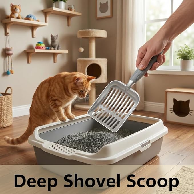 4-in-1 Cat Litter Scoop with Holder, Cat Litter Box Organizer Cleanup Kit - Sweeper & Dustpan, Aluminum Kitty Litter Scooper and Storage Caddy (Gray)
