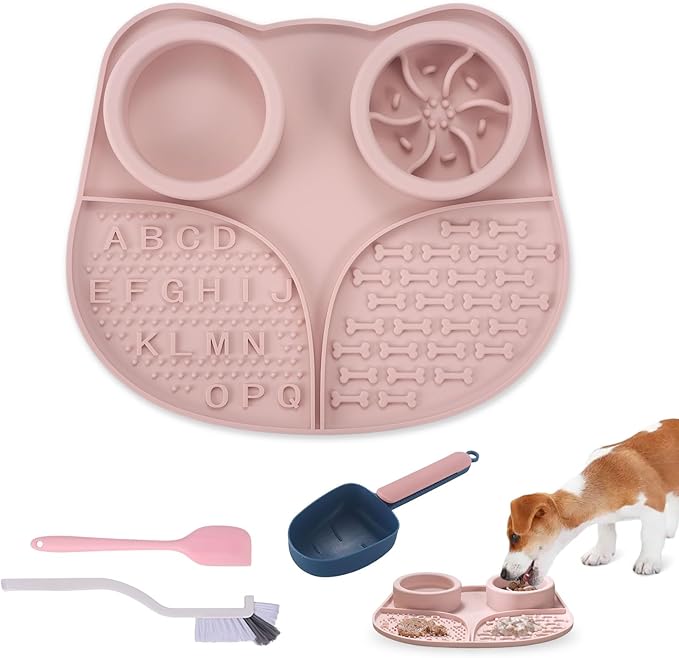 Silicone Slow Feeder Dog Bowls & Cat Bowls, 2 Cups Small Pet Food Bowl with Non-Slip Suction Base, Food-Grade Safe Puzzle Feeder for Small & Medium Dogs & Indoor Cats (Bowl & Lick Mat (Pink))