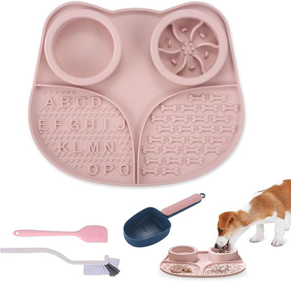 Silicone Slow Feeder Dog Bowls & Cat Bowls, 2 Cups Small Pet Food Bowl with Non-Slip Suction Base, Food-Grade Safe Puzzle Feeder for Small & Medium Dogs & Indoor Cats (Bowl & Lick Mat (Pink))