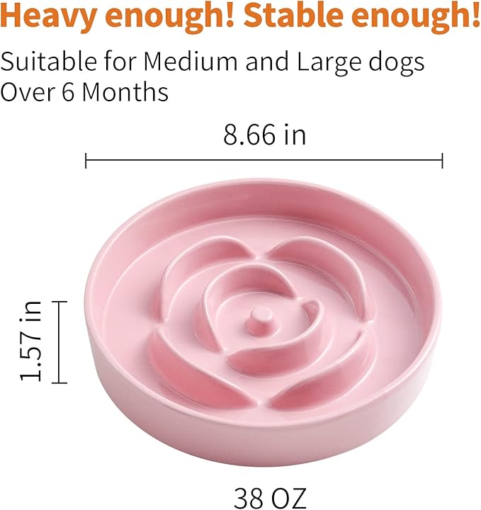8.66 in Pink Ceramic Slow Feeder Dog Bowl for Medium and Large Breed,Pet Feeding Dog Food Water Dish Heavy Weighted,Puppy Bowl for Fast Eaters,Puzzle Slow Eating Dish Modern Cute
