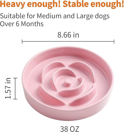 8.66 in Pink Ceramic Slow Feeder Dog Bowl for Medium and Large Breed,Pet Feeding Dog Food Water Dish Heavy Weighted,Puppy Bowl for Fast Eaters,Puzzle Slow Eating Dish Modern Cute