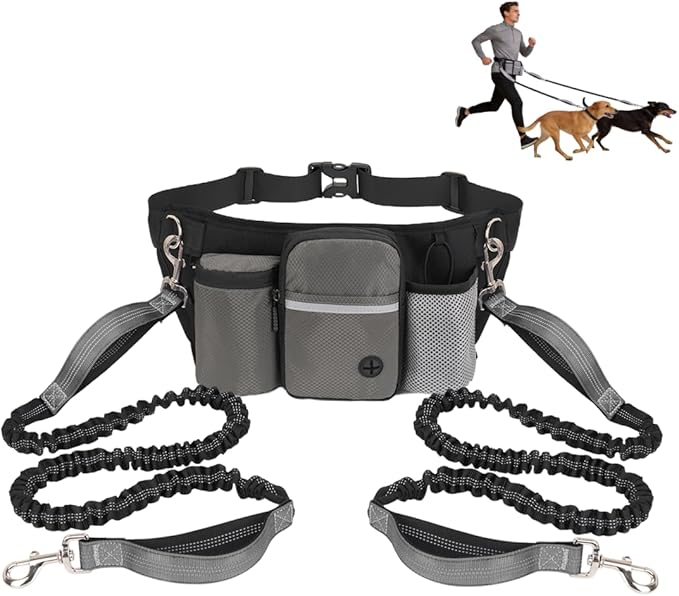 Hands Free Dog Leash for 2 Dogs, Adjustable Waist Belt, Reflective Stitching Leash with Double Padded Handles for Running, Hiking