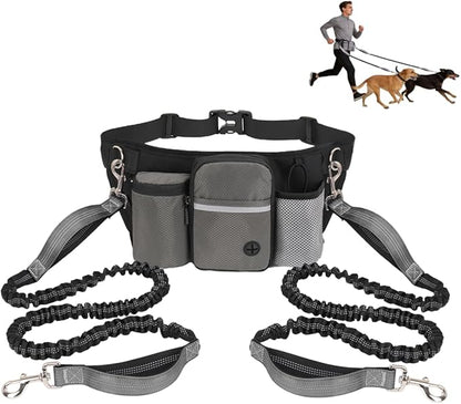 Hands Free Dog Leash for 2 Dogs, Adjustable Waist Belt, Reflective Stitching Leash with Double Padded Handles for Running, Hiking