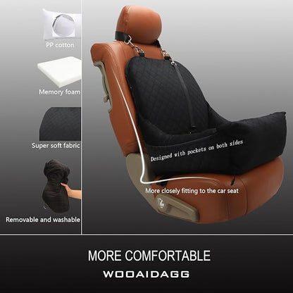 Wooaidagg Dog Car Seat for Small Dogs Up to 25 lbs,Covered Ultra-Soft Fabric and Fill in Memory Foam,Fully Detachable and Washable,2 Clip-On Safety Leashes and Storage Pockets(Black)