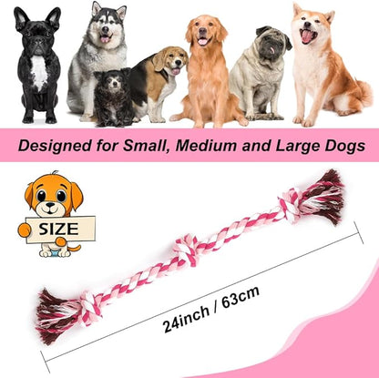 SZEE Dog Rope Toys, 24 in 3 Knots Chew Rope for Small, Medium and Large Dogs, Natural Cotton Pet Pull Toy for Tug of War and Teeth Cleaning, Fits Valentine’s Day Vibe (Pink)