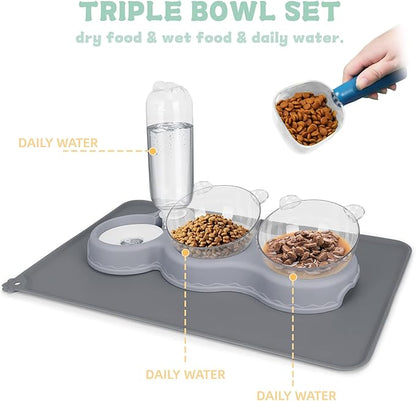 Triple Cat Bowls for Food and Water, YECERCAN Plastic Raised Cat Bowls with Automatic Water Bottle & Waterproof Mat for Cats/Small Dogs, 3 in 1 Pet Feeder for Wet/Dry Food
