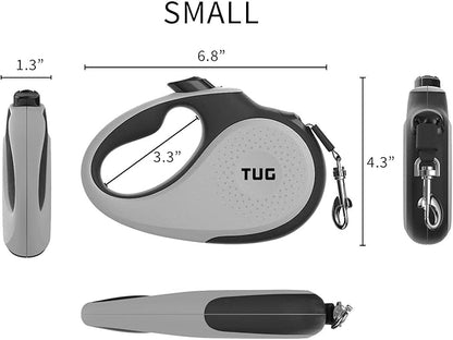 TUG 360° Tangle-Free Retractable Dog Leash with Waste Bag Dispenser (Small, Grey)