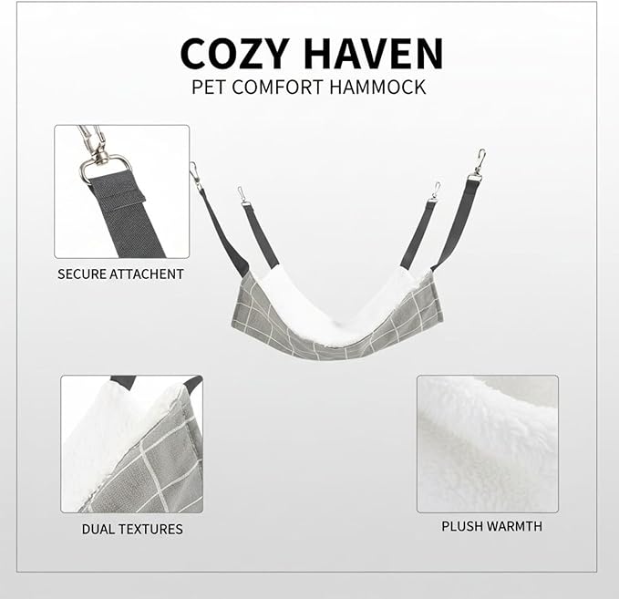 20.9 x 13.8 in Pet Hammock, Gray Plaid Cat Hammock for Cage, Soft Fleece Sleeping Bed, Hanging Warm Winter Swing Bed
