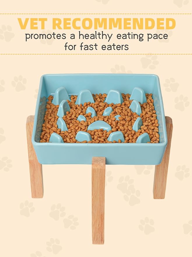 GDCZ Dog Slow Feeder Bowls, Square Ceramic Pet Food Bowl for Medium Breed, Fun Dog Bowls to Slow Down Eating (Turquoise, M-1.8 Cups+Stand)