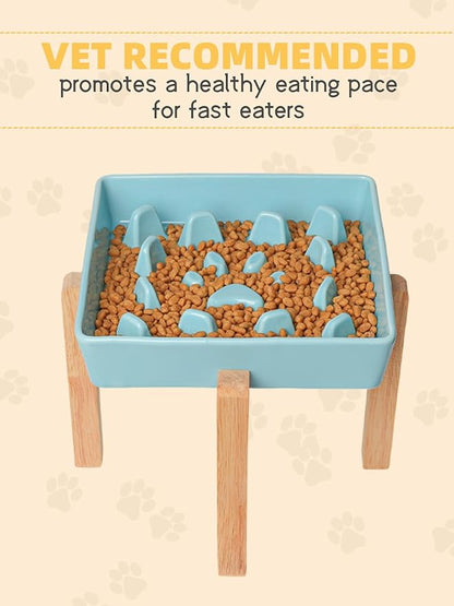 GDCZ Dog Slow Feeder Bowls, Square Ceramic Pet Food Bowl for Medium Breed, Fun Dog Bowls to Slow Down Eating (Turquoise, M-1.8 Cups+Stand)