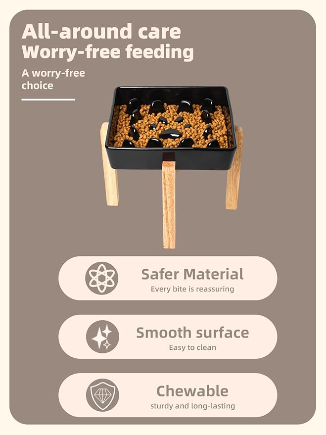 GDCZ Dog Slow Feeder Bowls, Square Ceramic Pet Food Bowl for Medium Breed, Fun Dog Bowls to Slow Down Eating (Black, M-1.8 Cups+Stand)
