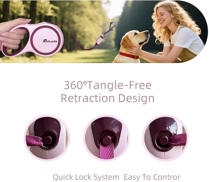 OUTnWILD Retractable Dog Leash - Retractable Dog Leash 16ft for Small/Medium Breeds/Pets Up to 44lbs. 360° Tangle Free Design with One Touch Quick-Lock Braking System&Anti-Slip Handle. (Pink, M)