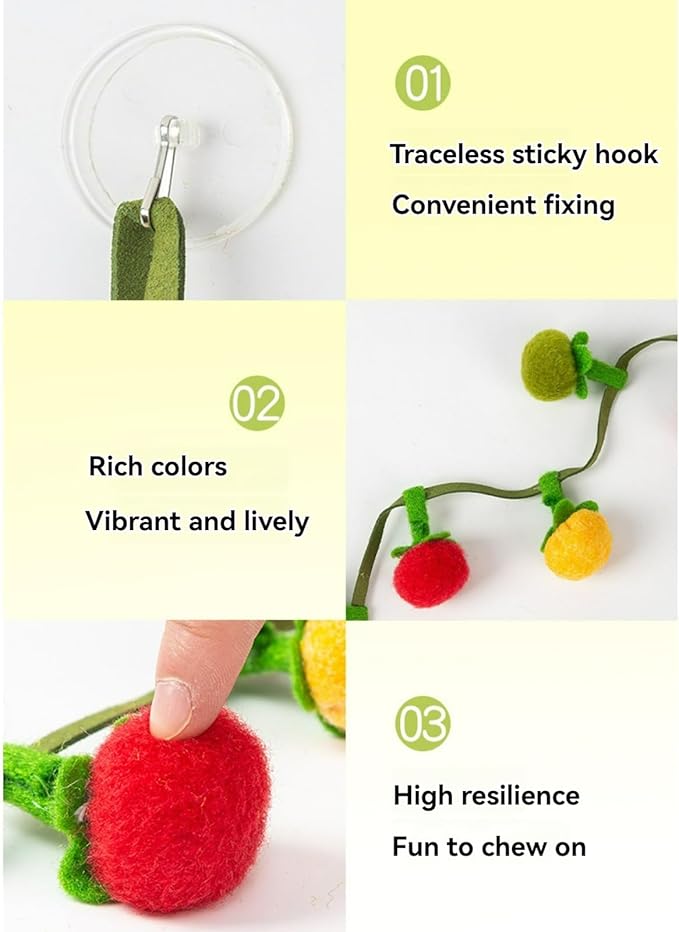 Cat Teaser Fruit-Shaped Squeaky String with Catnip Bells Tomatoes Persimmons Shapes Hangable for Interactive Play Soft Chew Toy Pet Accessories (Fruit String 1pc)