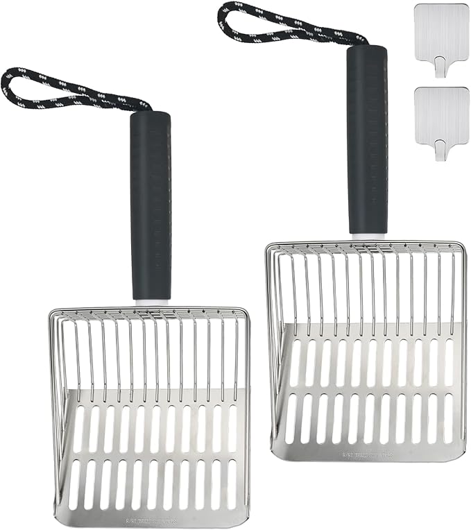 2PCS Cat Litter Scoop,Solid and Durable Kitty Metal Scooper,Stainless Steel Sifter,Heavy Duty,for Litter Box,Black Rubber Handle,Included Stainless Steel Hook
