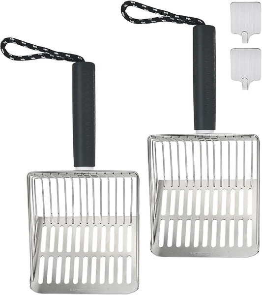 2PCS Cat Litter Scoop,Solid and Durable Kitty Metal Scooper,Stainless Steel Sifter,Heavy Duty,for Litter Box,Black Rubber Handle,Included Stainless Steel Hook