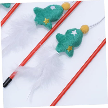 NOLITOY 3 Pack Christmas Cat Tease Sticks Funny Interactive Toys Pet Training Wand Christmas Tree Theme