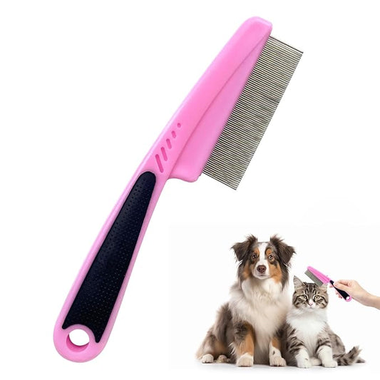 Flea Comb with Rubber Handle, 2025 Upgraded Fine Tooth Dandruff Comb for Dogs & Cats, Fine Tooth Dog Combs for Grooming (Pink)
