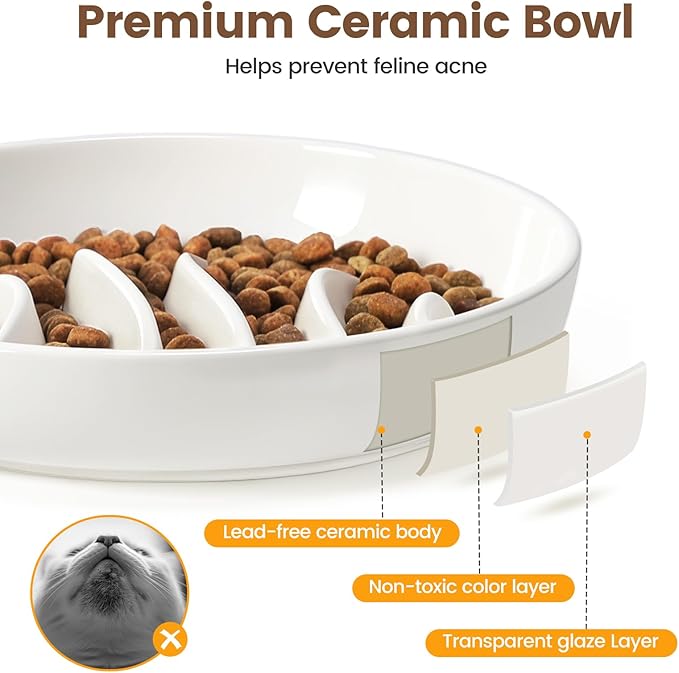 PETTOM Slow Feeder Cat Bowl Elevated Ceramic with Bamboo Stand, Raised Pet Puzzle Dishes for Indoor Cats Small Dog, Anti Vomit Cat Bowl for Wet & Dry Food