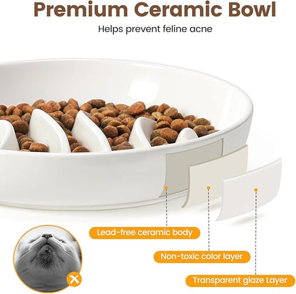 PETTOM Slow Feeder Cat Bowl Elevated Ceramic with Bamboo Stand, Raised Pet Puzzle Dishes for Indoor Cats Small Dog, Anti Vomit Cat Bowl for Wet & Dry Food