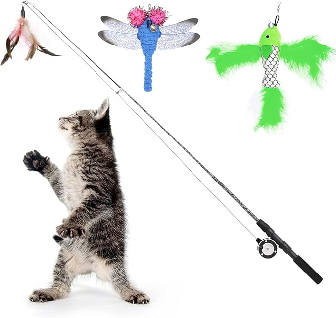 Pawaboo Interactive Cat Toy, Retractable Cat Fishing Rod with 3 Replacement Fishing Lures Made of Feathers and Bells, Adjustable Line Length, Feather Teaser for Cats, Kittens, Fun, Blue