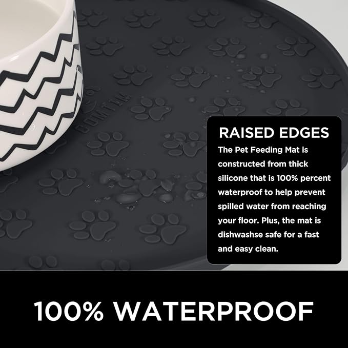 Comtim Waterproof Dog Food Mat - 2 Pack Silicone Pet Food Mat Dog Food Bowl Mats Cat Water Mats Eating Tray, Non-Slip Pet Placemat with Lip for Messy Drinkers to Protect Floor, Black 11"×11"
