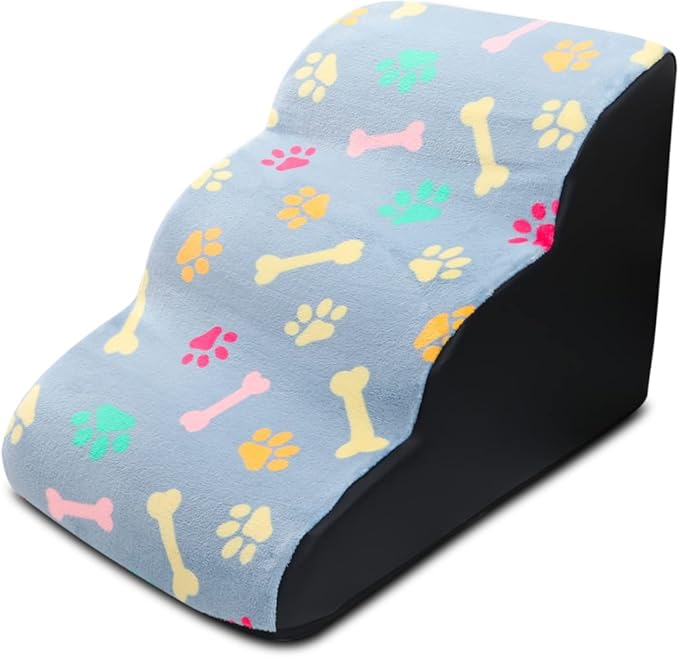 Pet Stairs, 3-Steps Dog Stairs, Removable and Washable Dog Stairs with Slope Steps and Non-Slip Bottom, Soft and Comfortable Dog Ramp(Light Grey - Bones)