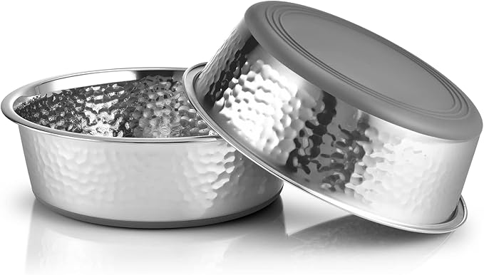 URBUDDIES 2 Pack Hammered Stainless Steel Dog Bowls, Premium Metal Dog Bowls with Non Slip Rubber Bottom, Dishwasher Safe, Easy to Clean, 8 Cup, Gray Bottom