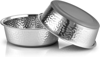 URBUDDIES 2 Pack Hammered Stainless Steel Dog Bowls, Premium Metal Dog Bowls with Non Slip Rubber Bottom, Dishwasher Safe, Easy to Clean, 8 Cup, Gray Bottom