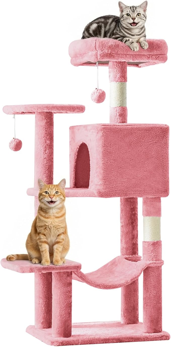 DUMOS Small 44 Inch Cat Tree Tower, Cat Climbing Tower with Natural Sisal Scratching Posts, Hammock, Pet Condo for Indoor Cats and Kittens Play, Pink