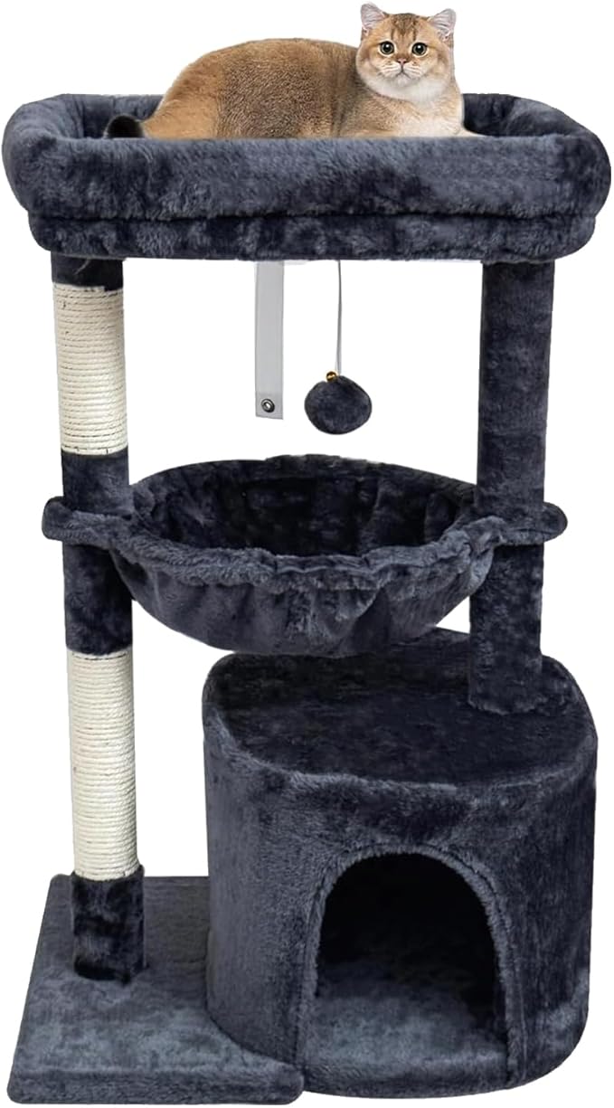 SYANDLVY Small Cat Tree for Indoor Cats, Cat Tower with Scratching Post, Modern Cat House with Padded Perch, Kittens Condo with Cradle, Smoky