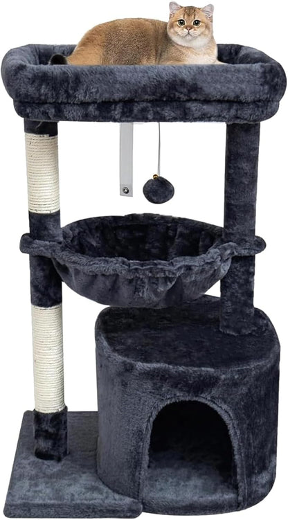 SYANDLVY Small Cat Tree for Indoor Cats, Cat Tower with Scratching Post, Modern Cat House with Padded Perch, Kittens Condo with Cradle, Smoky
