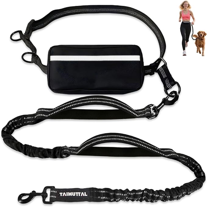 Hands Free Dog Leash with Waist Belt & Large Pouch, Waist Leash for Dog Walking, Running, Hiking & Jogging, Reflective Dual Padded Handles, Ideal for Medium/Large Dogs (30-120lbs)