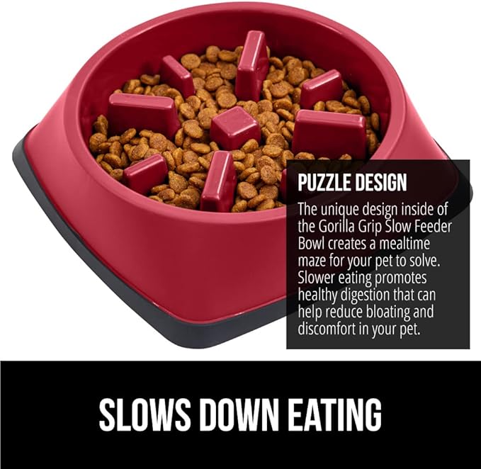 GORILLA GRIP Patented BPA Free Slow Feeder Dog Bowls, Interactive Puzzle Toy for Dogs and Cats Food Training Enrichment, Keeps Pets Busy and Prevents Puppy Overeating, All Breeds, 2 Cup, Red