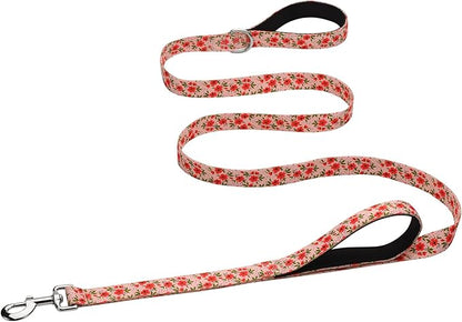 Hikiko 4 Foot Double Handle Dog Leash Cute Girl Padded Traffic Handles for Walking Training (Cream Natural Floral, 4ft)