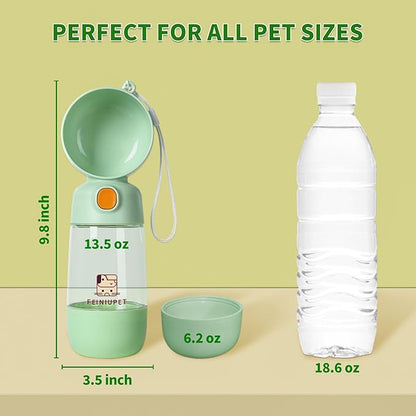 Dog Water Bottle with Food Container, 2-in-1 Cat & Small Dog Water Bottle Portable for Walking, Hiking, Travel - Green