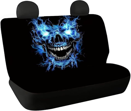 AFPANQZ Blue Flame Skull Full Wrap Car Seat Covers Rear Bench Protection Cushion Backseat Mats Against Dirt & Pet Fur Dust-Proof Universal Car Accessories Decoration Set