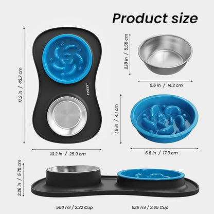 Slow Feeder Dog Bowls Stainless Steel Food and Water Bowl Set 3 in 1 No Spill Waterproof Silicone Pet Food Mat Puppy Feeding Station for Large Medium Small Breed Non Slip Metal Dish Tray by YINEYA