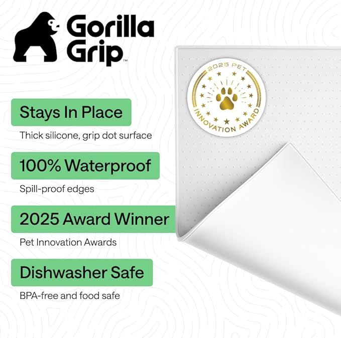 GORILLA GRIP 100% Waterproof Raised Edge BPA Free Silicone Pet Feeding Mat, Dog Cat Food Mats Contain Spills Protects Floors, Placemats for Cats and Dogs Water Bowl, Pets Accessories 32x24 White