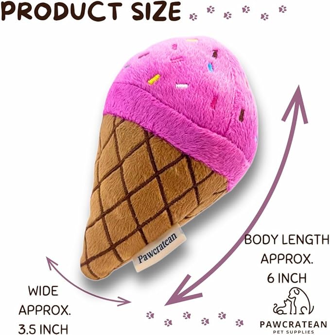 7" Squeaky Plush Toy for Puppies Small Dogs Self Etertainment Washable Soft Made [PET ONLY] (Ice-creeam)